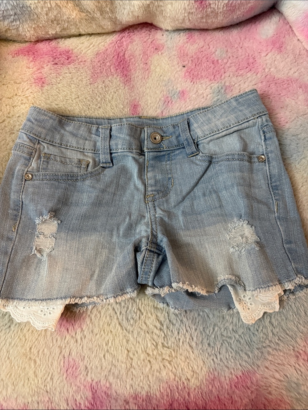 Light Blue Distressed Women's Denim Shorts with Lace Trim